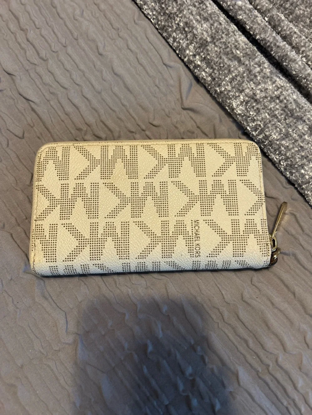 Michael Kors White/ Beige MK Monogram Zip Wallet with Gold Plate